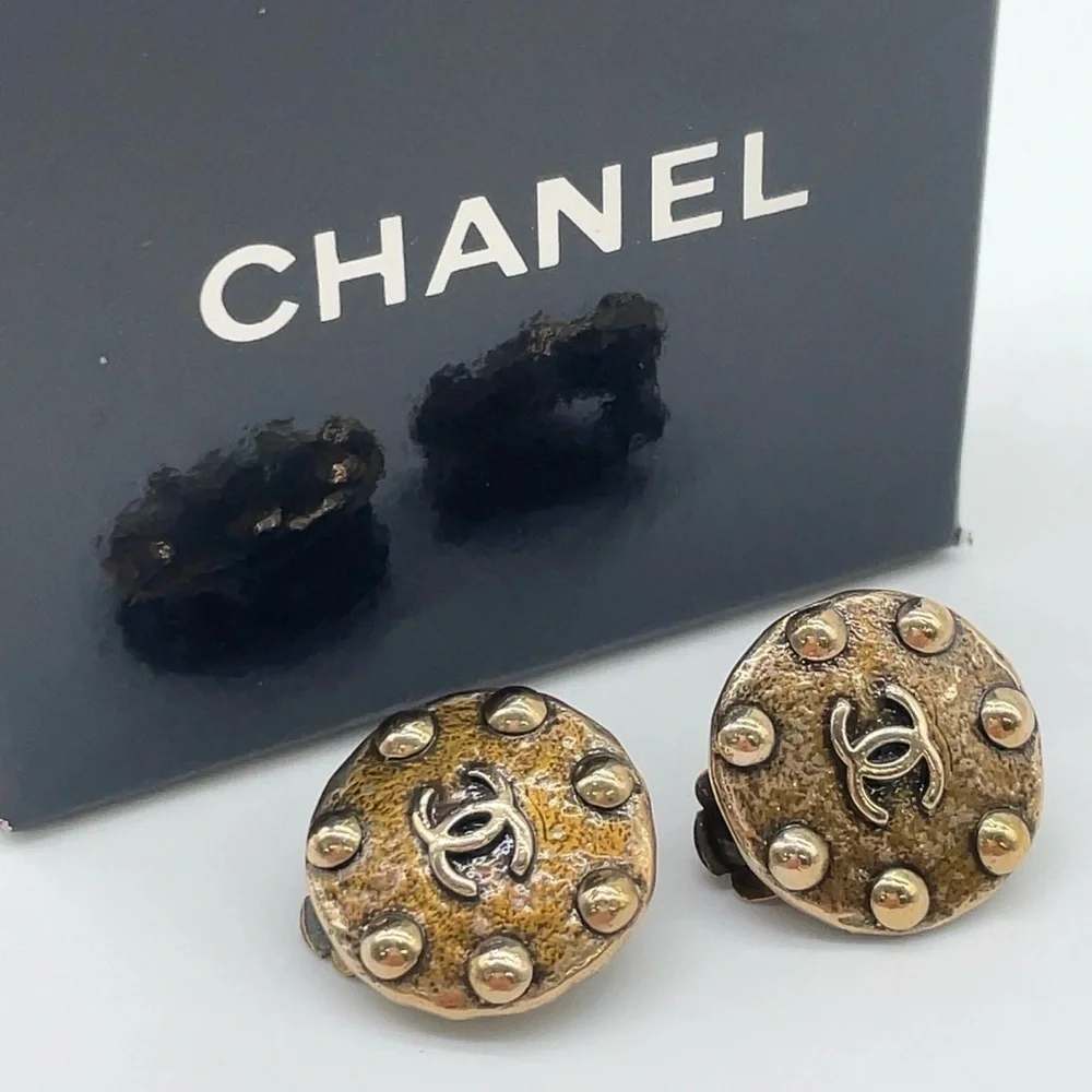 Auth Chanel Coco Mark Round Ball Earrings W/Box